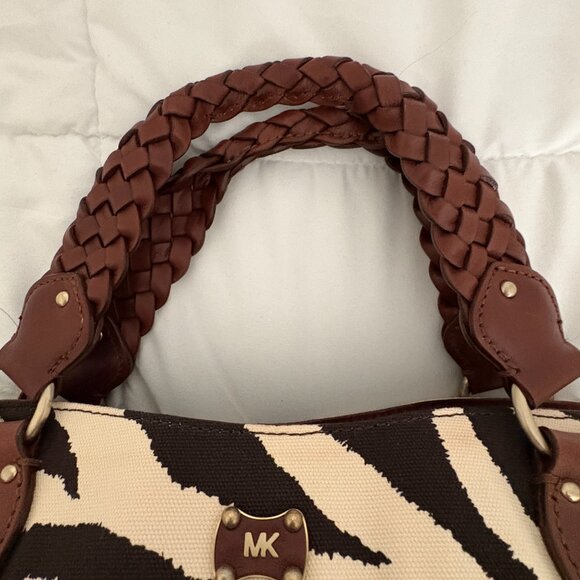 Michael Kors Cream Brown Zebra Canvas Purse Brown Leather Braided Handle New - Picture 6 of 10